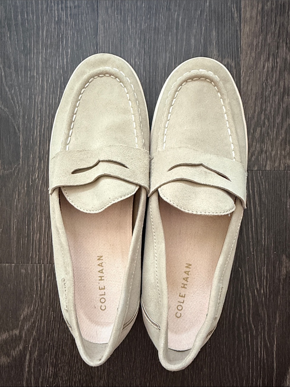 Cole Haan Suede Penny Loafers — Light Beige